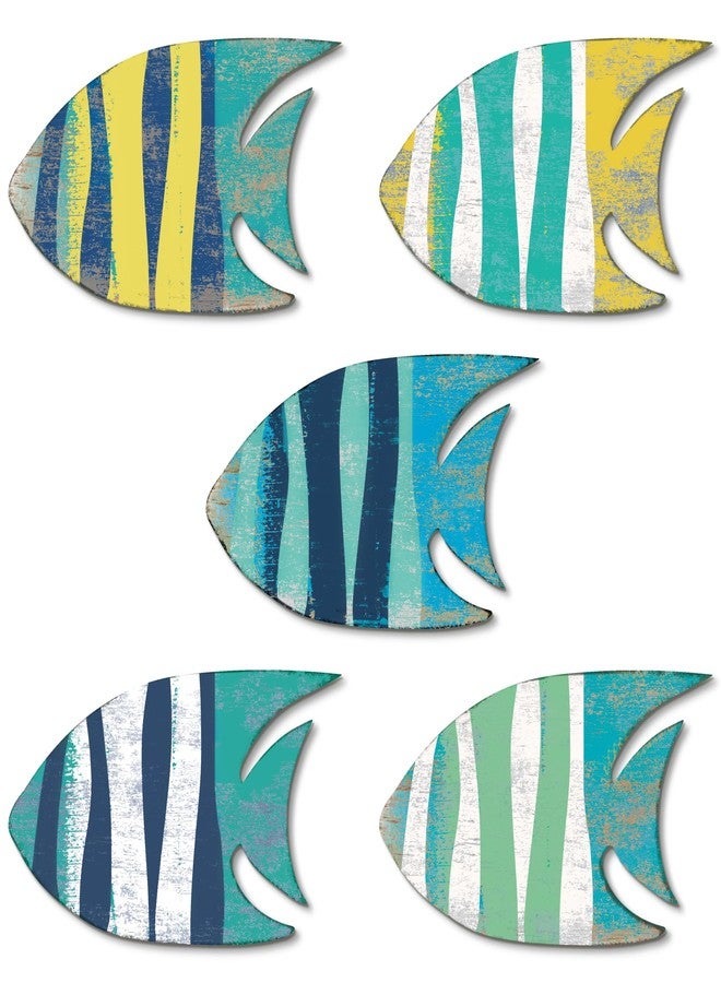 Putuo Decor 5 Pieces Wood Fish Nautical Beach Wall Art - Hand Carved Wooden School of Fish Hanging Coastal Sculpture for Lake House, Ocean, Home - Vintage Blue - Image 1